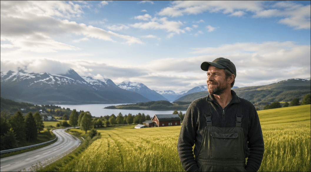 Norwegian farmer on Jæren with fjord and mountains in the background
